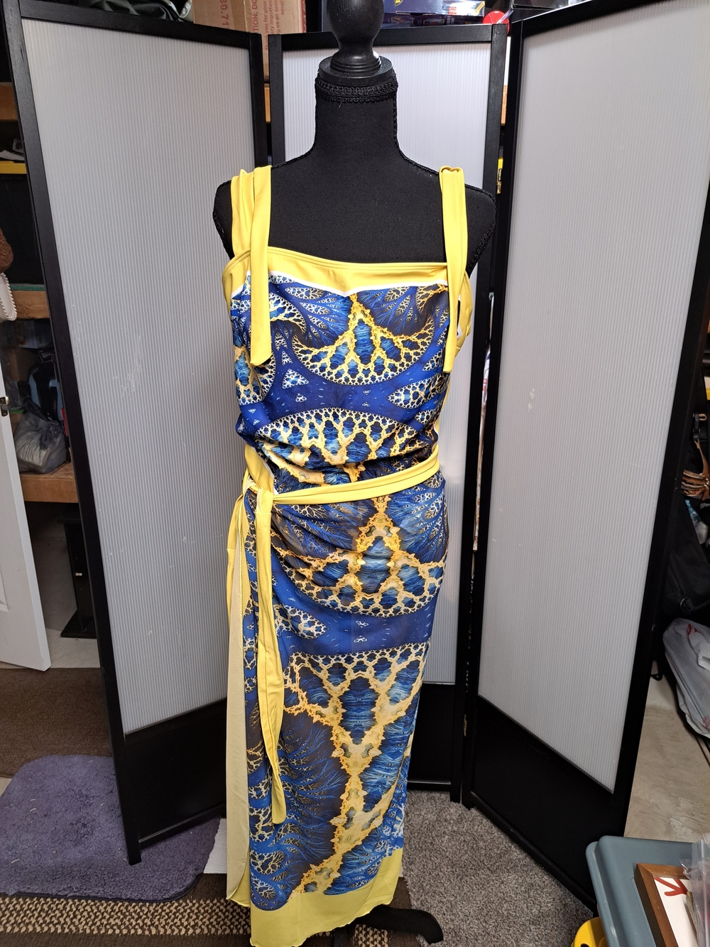 Yellow and Blue Printed Maxi Dress with Tie Waist